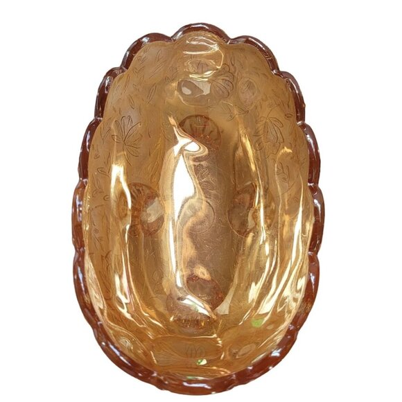 Vintage Jeanette Flora Amber Iridescent Carnival Glass Candy Dish Bowl Small 5" - Picture 5 of 8